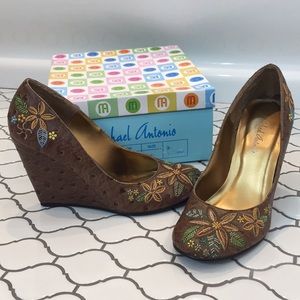 Brown Embroidered Faux Ostrich Wedge Heels